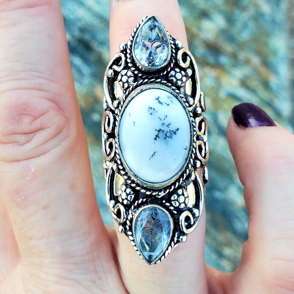 New Dendritic Opal & White Topaz 925 Silver Statement Ring. - Picture 1 of 14